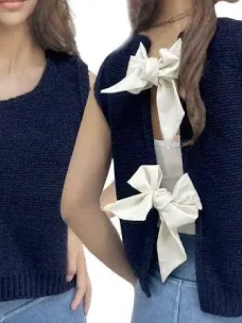 Women’s Navy Knit Vest with Cream Bow Detail
